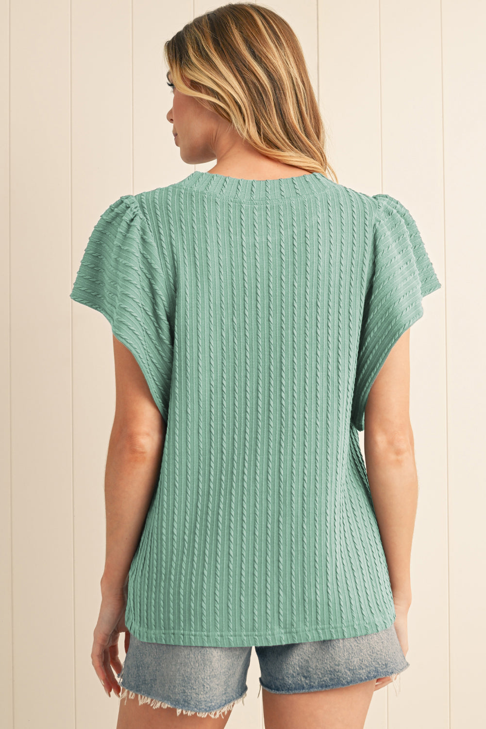 Moonlight Jade Solid Color Textured Ruffle Short Sleeve Knit Top