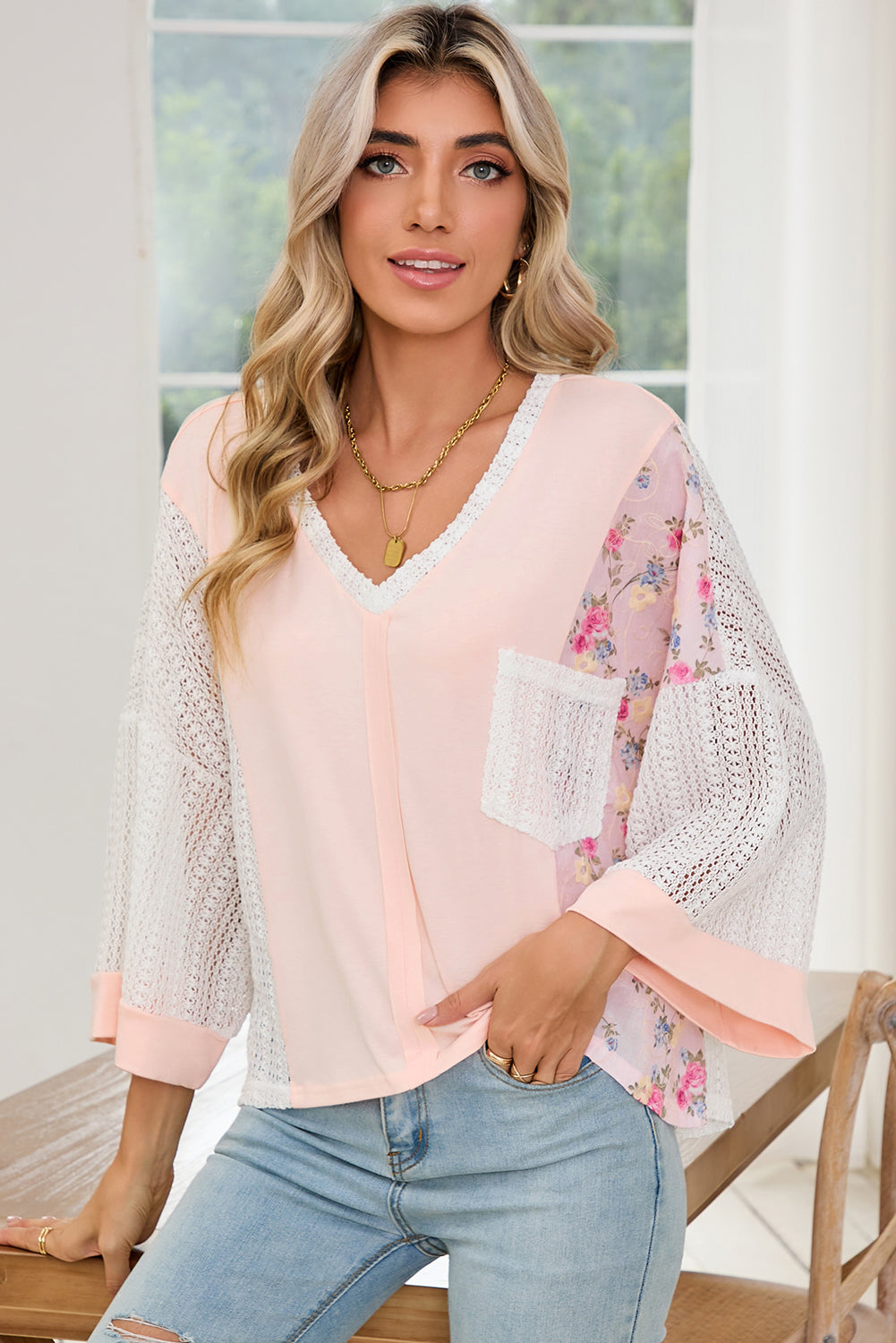 Delicacy Floral Crochet Patchwork Batwing Sleeve Blouse