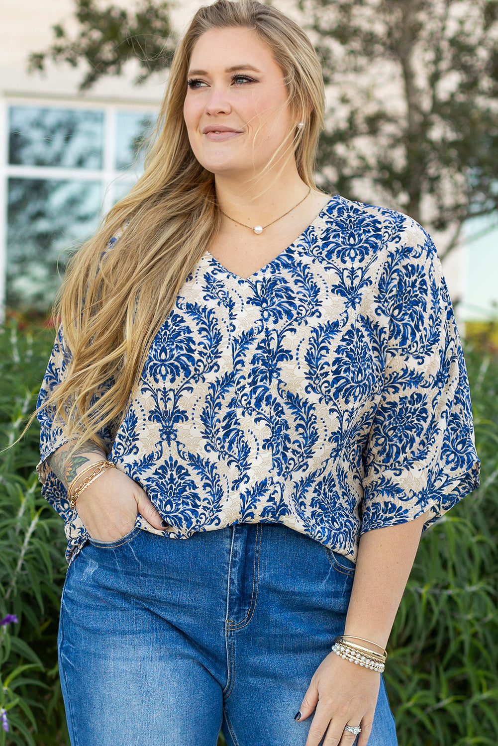 Blue Ethnic Print 3/4 Sleeve V Neck Plus Size Blouse