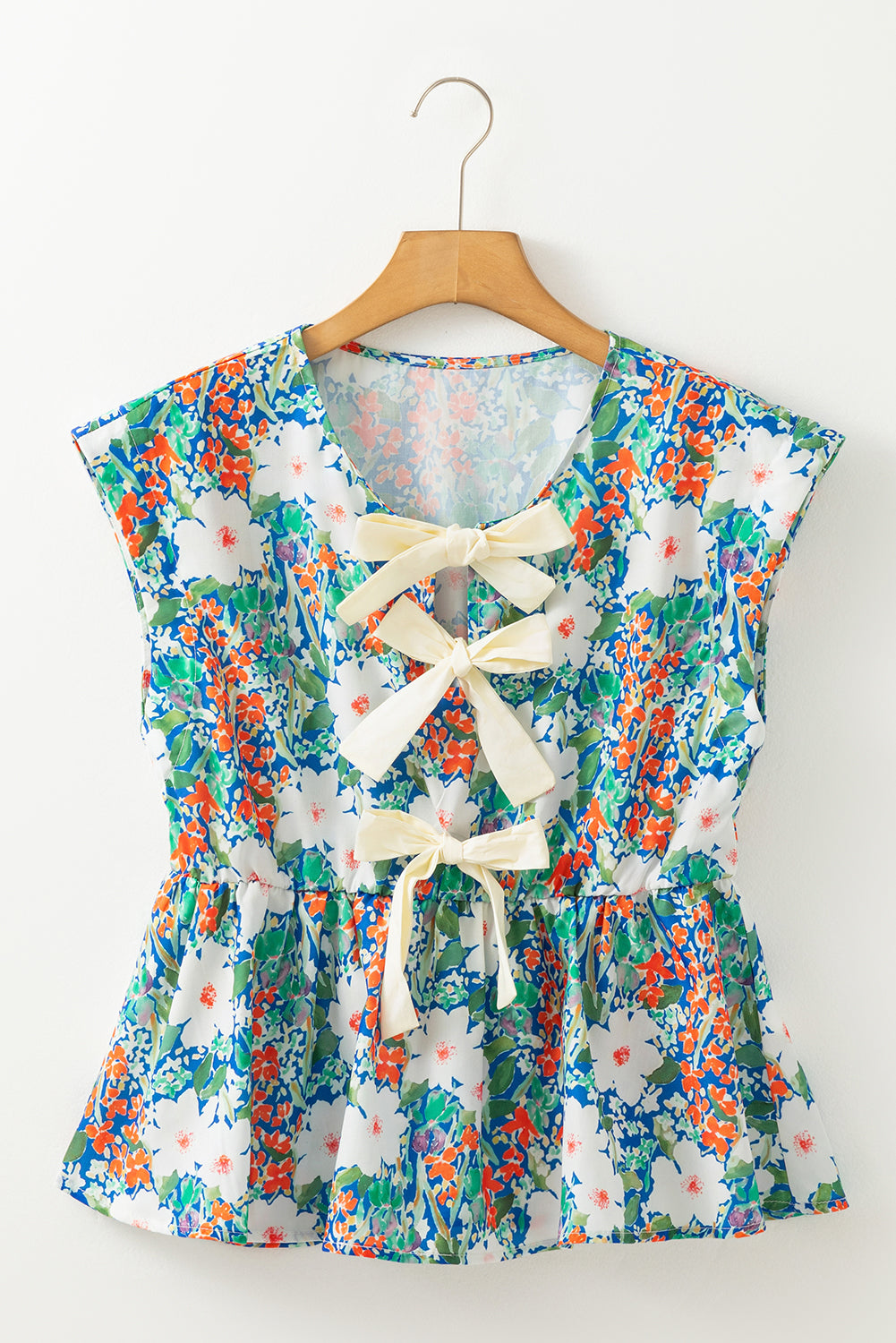 Dark Blue Floral Bow Front Sleeveless Peplum Shirt