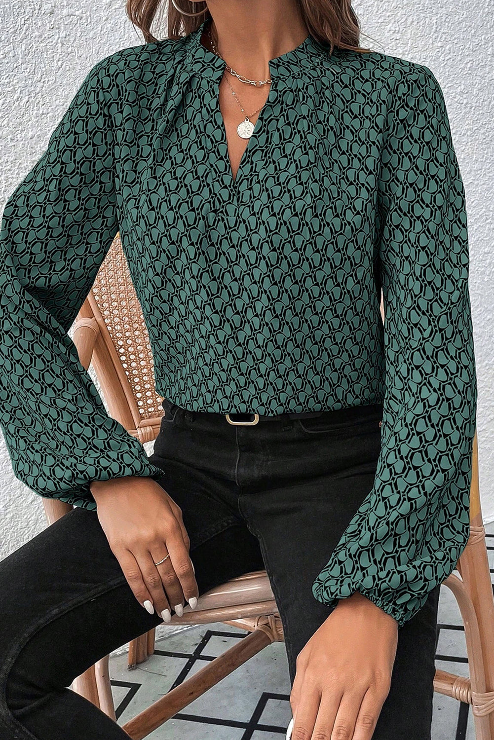 Green Geometric Print Notched Neck Long Sleeve Blouse