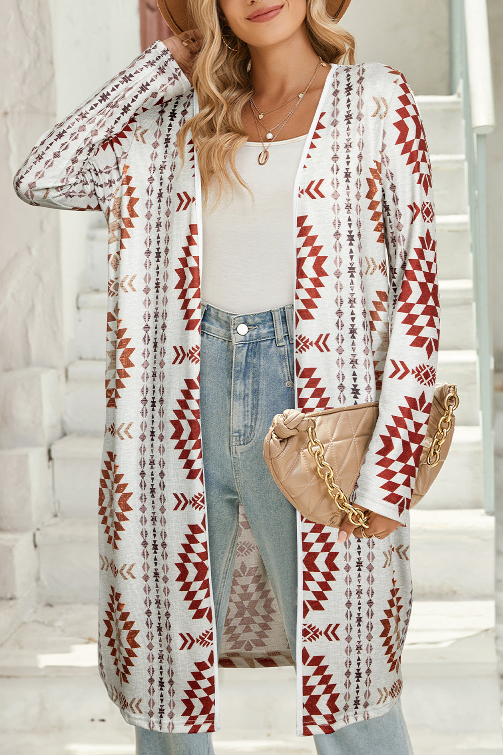 Brown Geometric Printed Open Front Long Cardigan