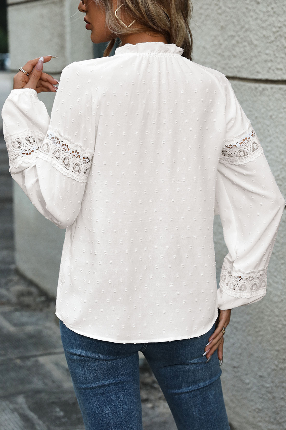 White Swiss Dot Lace Patchwork Sleeve Frill Neck Blouse