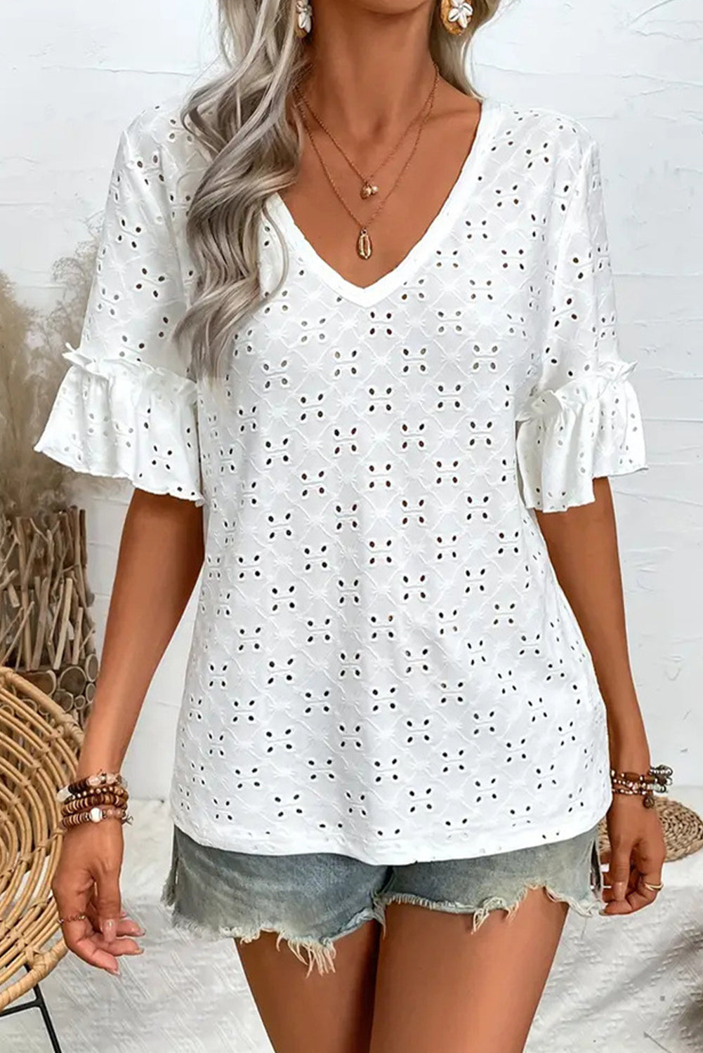 White Embroidered Hollow Ruffle V-Neck Short Sleeve Top