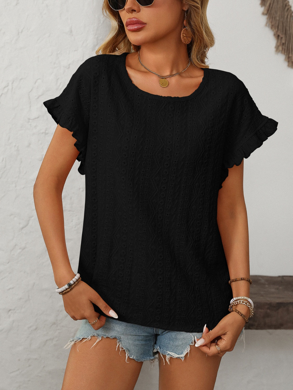 Mandy Eyelet Round Neck Short Sleeve Top