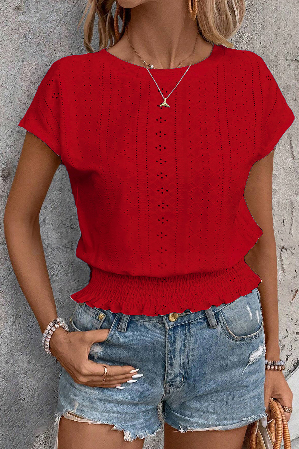 Racing Red Jacquard Smocked Hem Eyelet Blouse