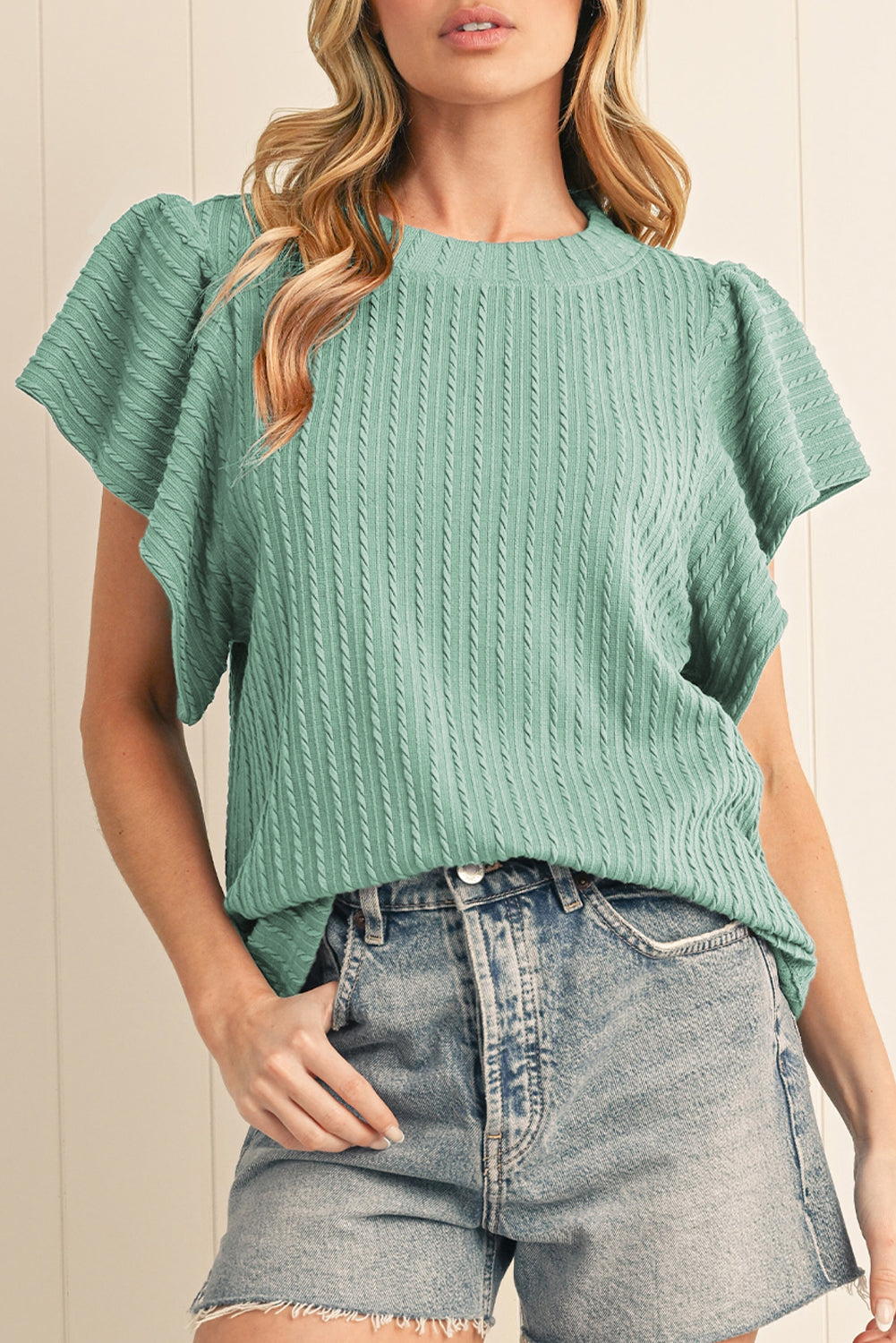 Moonlight Jade Solid Color Textured Ruffle Short Sleeve Knit Top