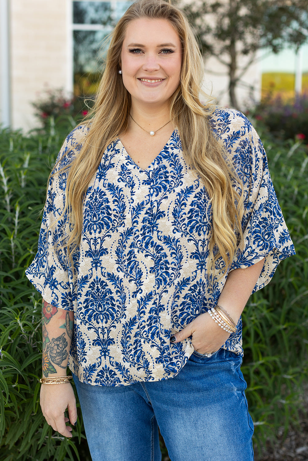 Blue Ethnic Print 3/4 Sleeve V Neck Plus Size Blouse