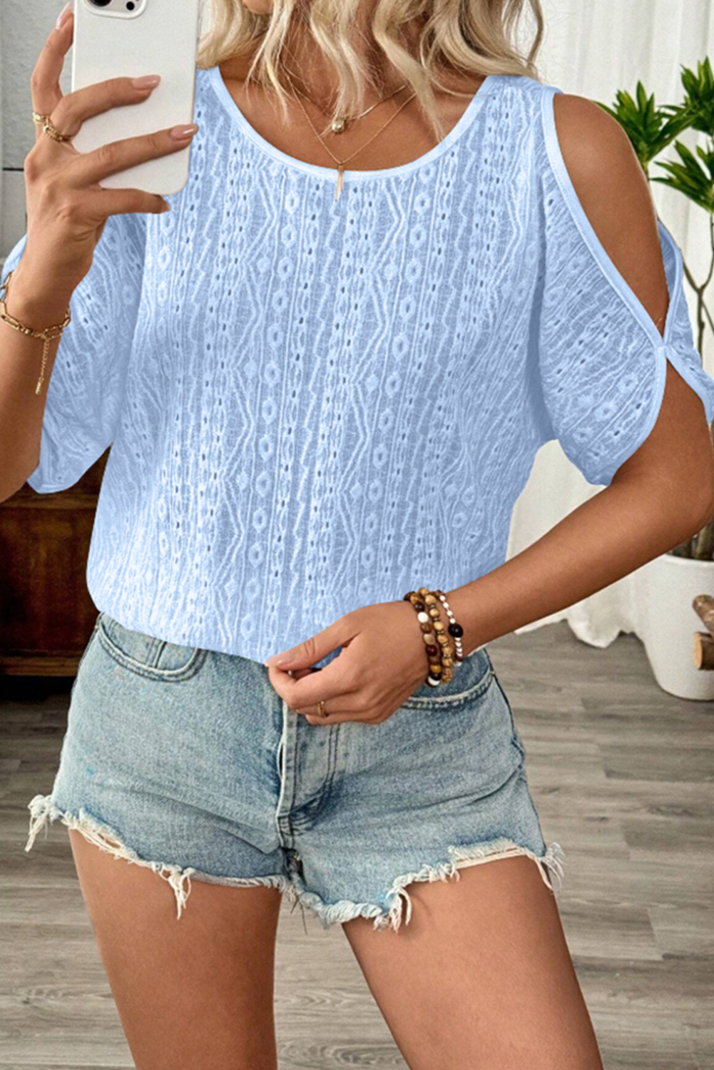 Sky Blue Solid Color Cold Shoulder Dolman Sleeve Top