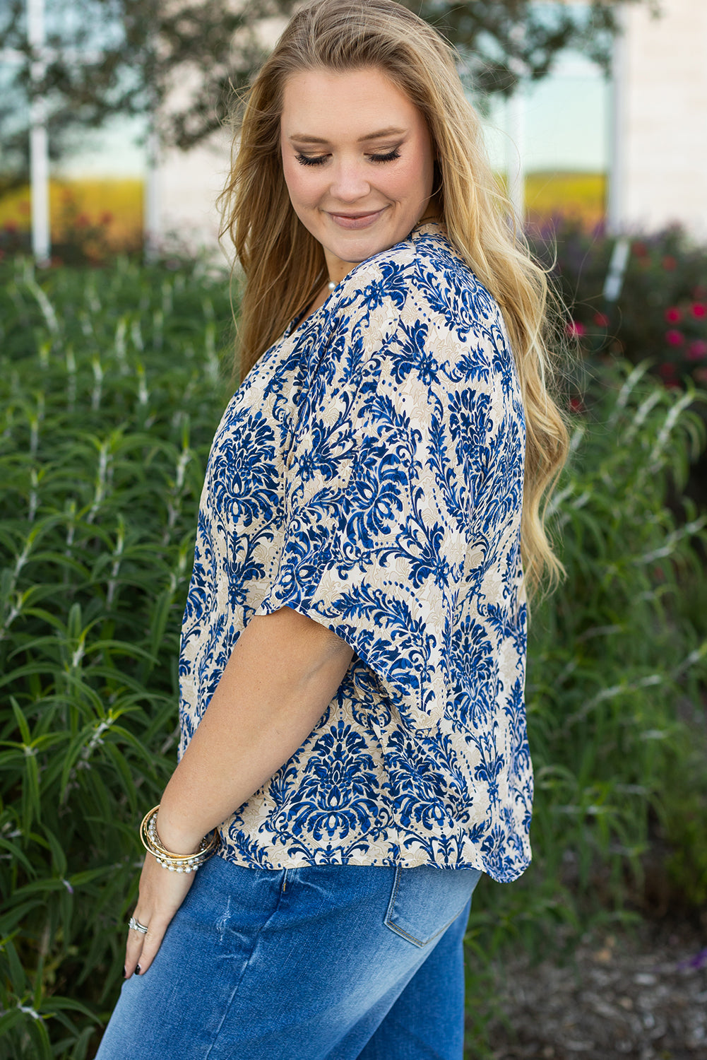 Blue Ethnic Print 3/4 Sleeve V Neck Plus Size Blouse