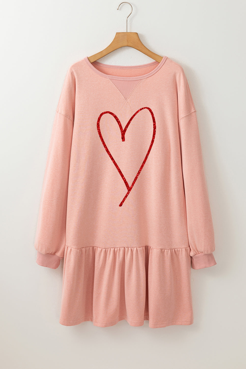 Dusty Pink Shimmer Heart Graphic Long Sleeve Ruffle Hem Dress