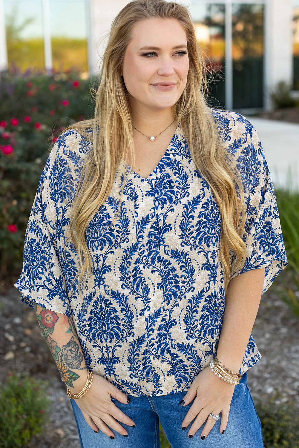 Blue Ethnic Print 3/4 Sleeve V Neck Plus Size Blouse