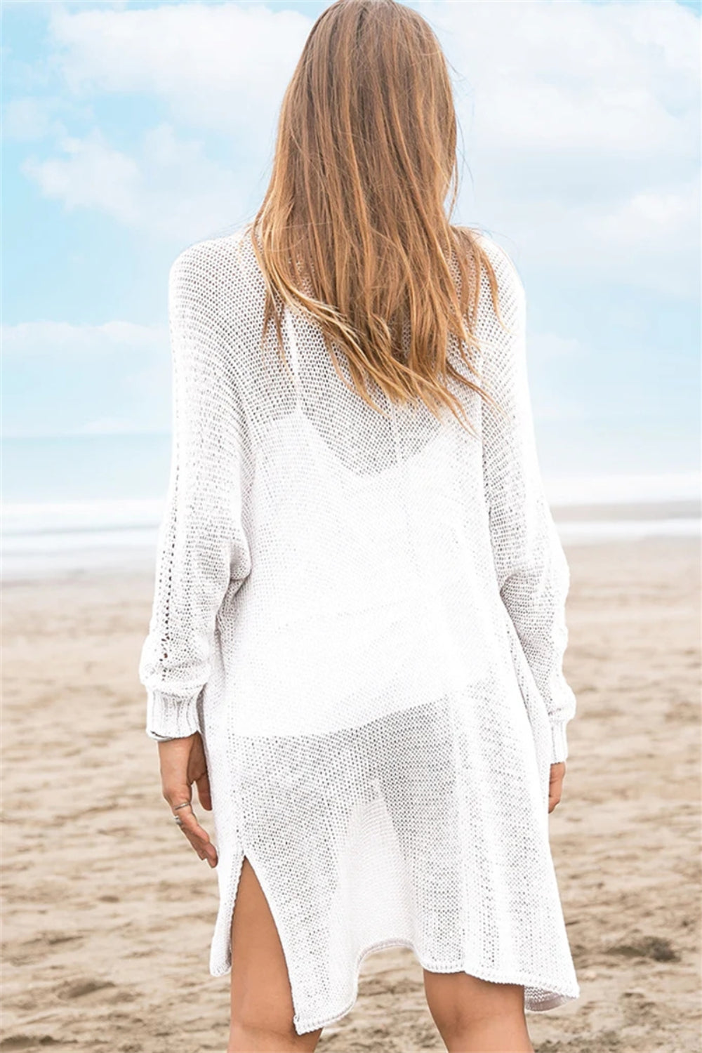 Openwork Side Slit Open Front Long Sleeve Cardigan