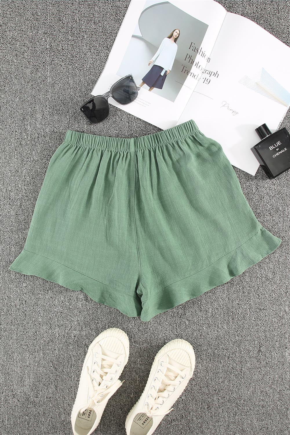 Green Casual High Waist Pocketed Ruffle Shorts