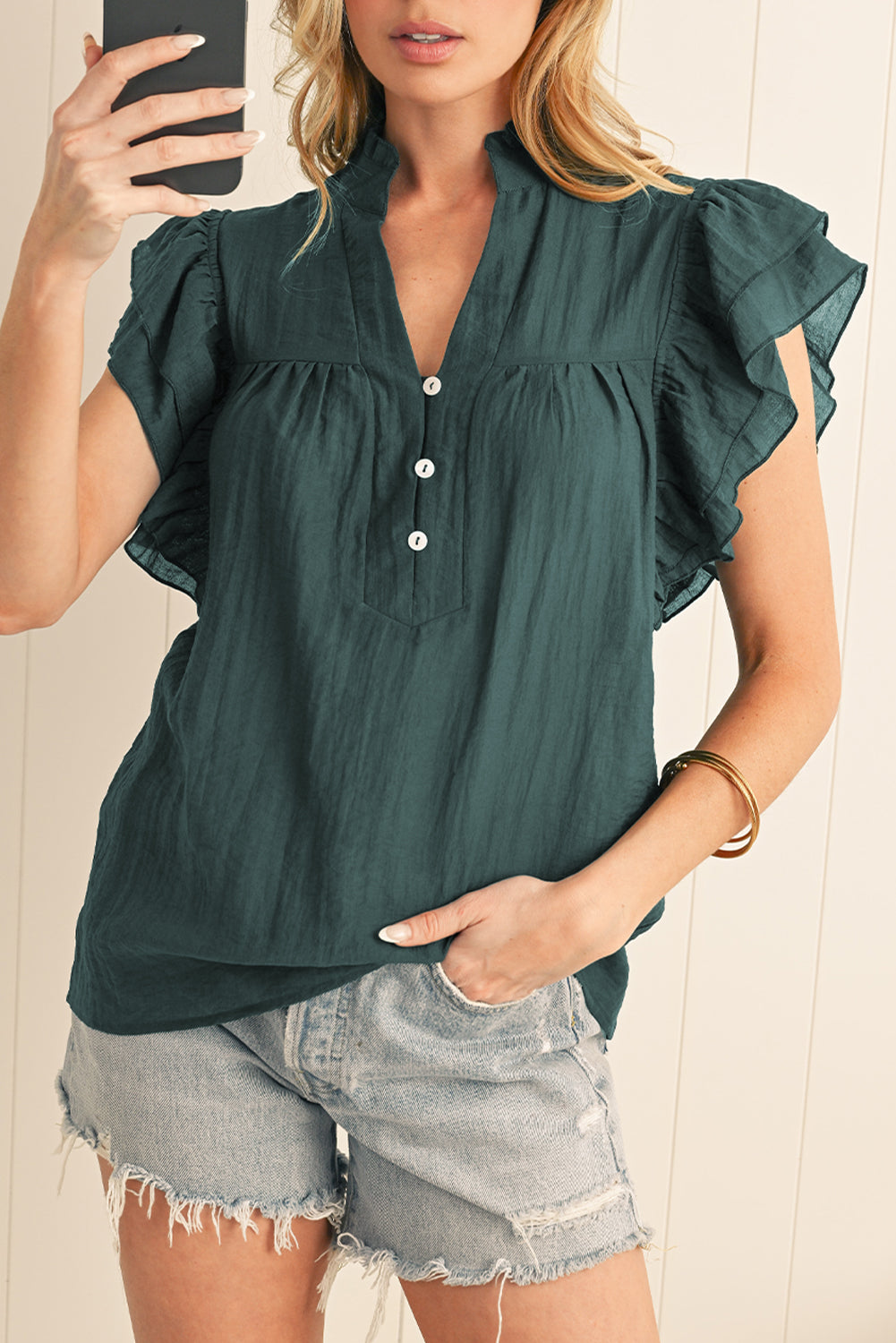 Skobeloff Buttoned V Neck Ruffle Short Sleeve Blouse