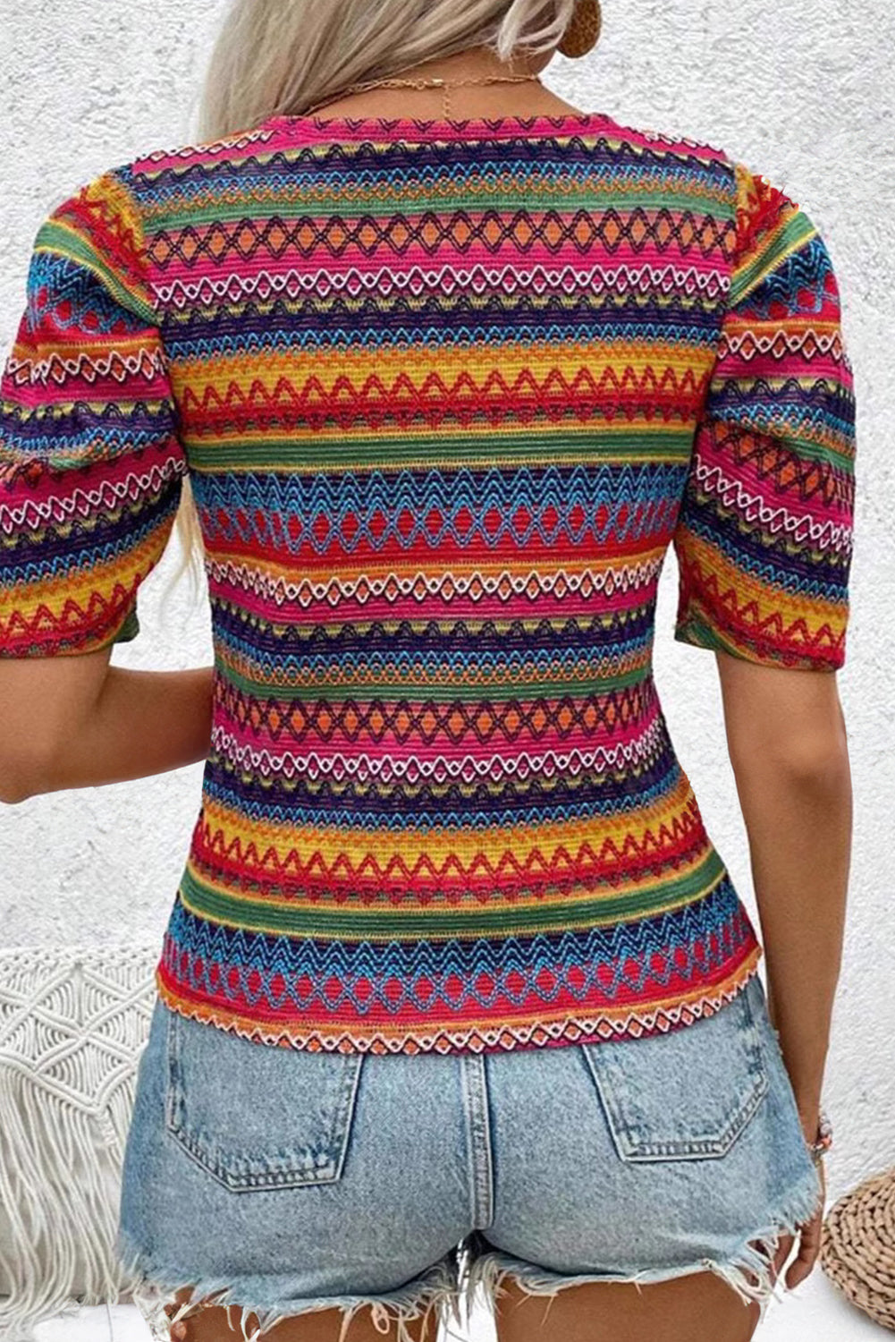 Multicolour Boho Geometric Print Puff Sleeve Knitted Top