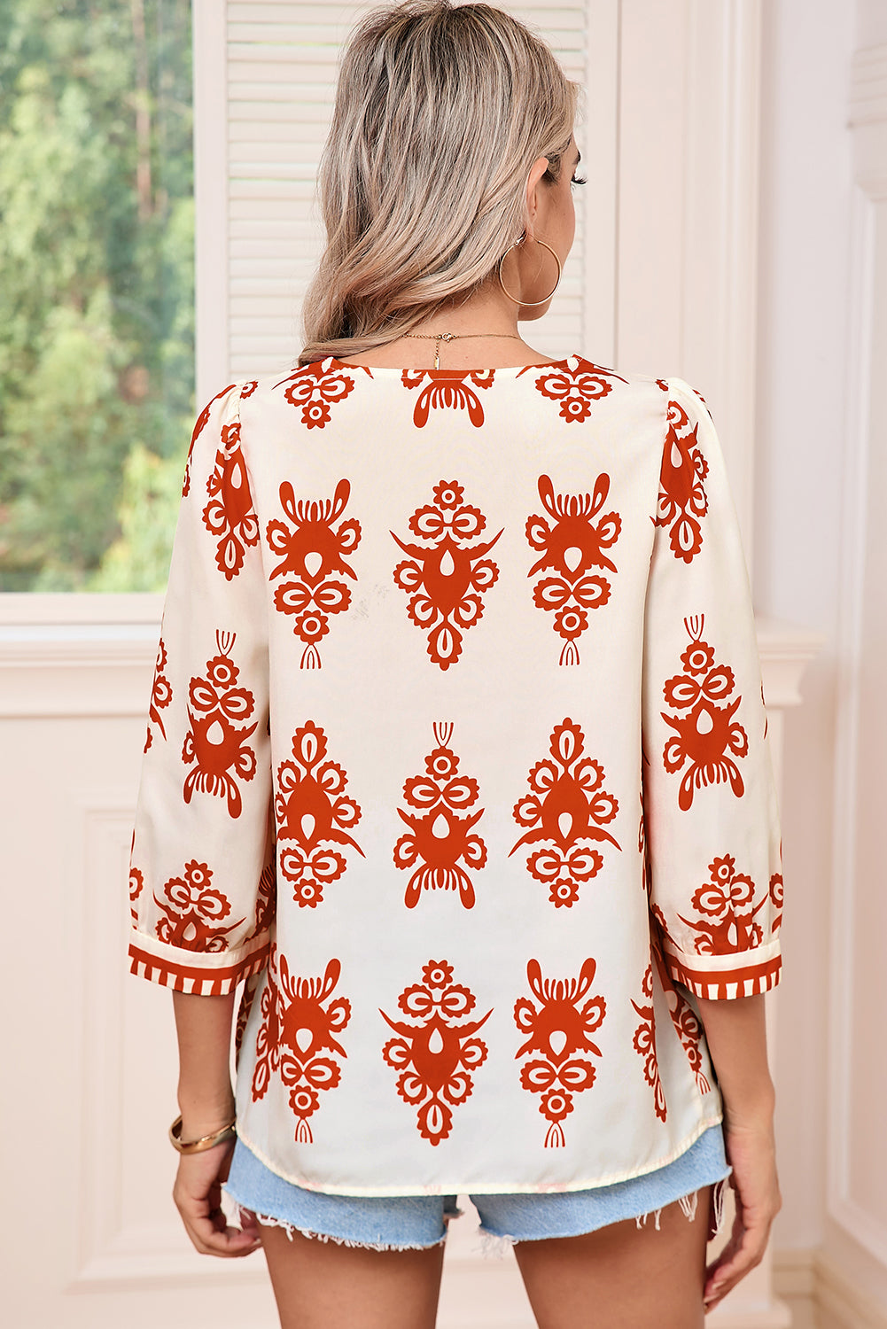 Orange Ethnic Abstract Print Puff Sleeve V Neck Blouse