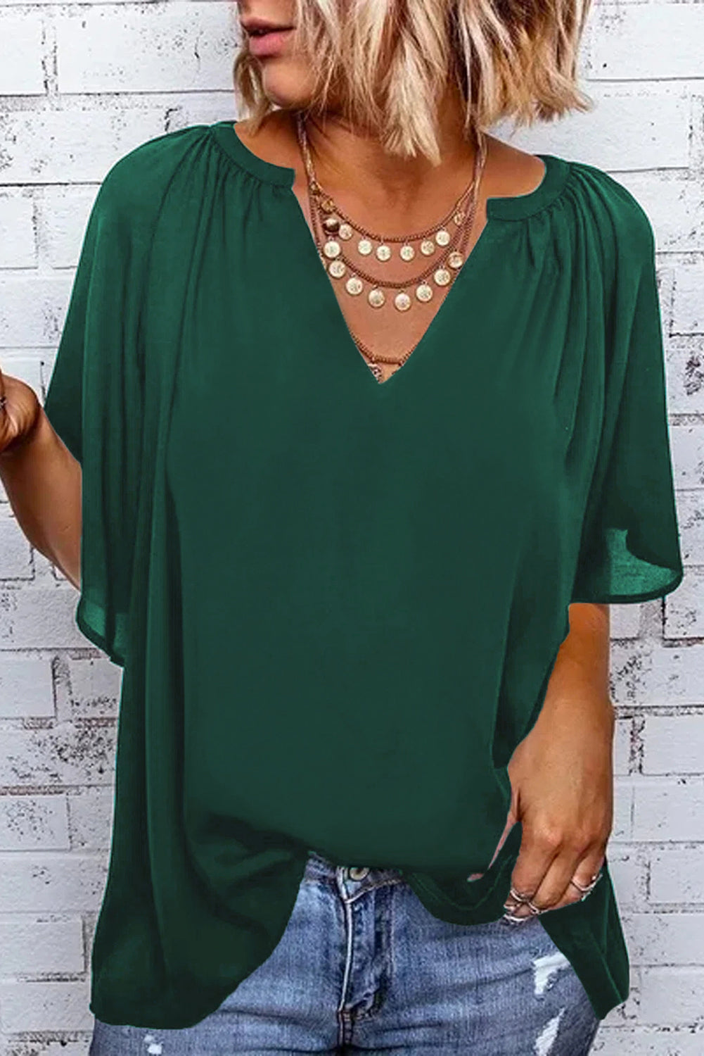 Green Casual Split Neck Pleated Loose Blouse