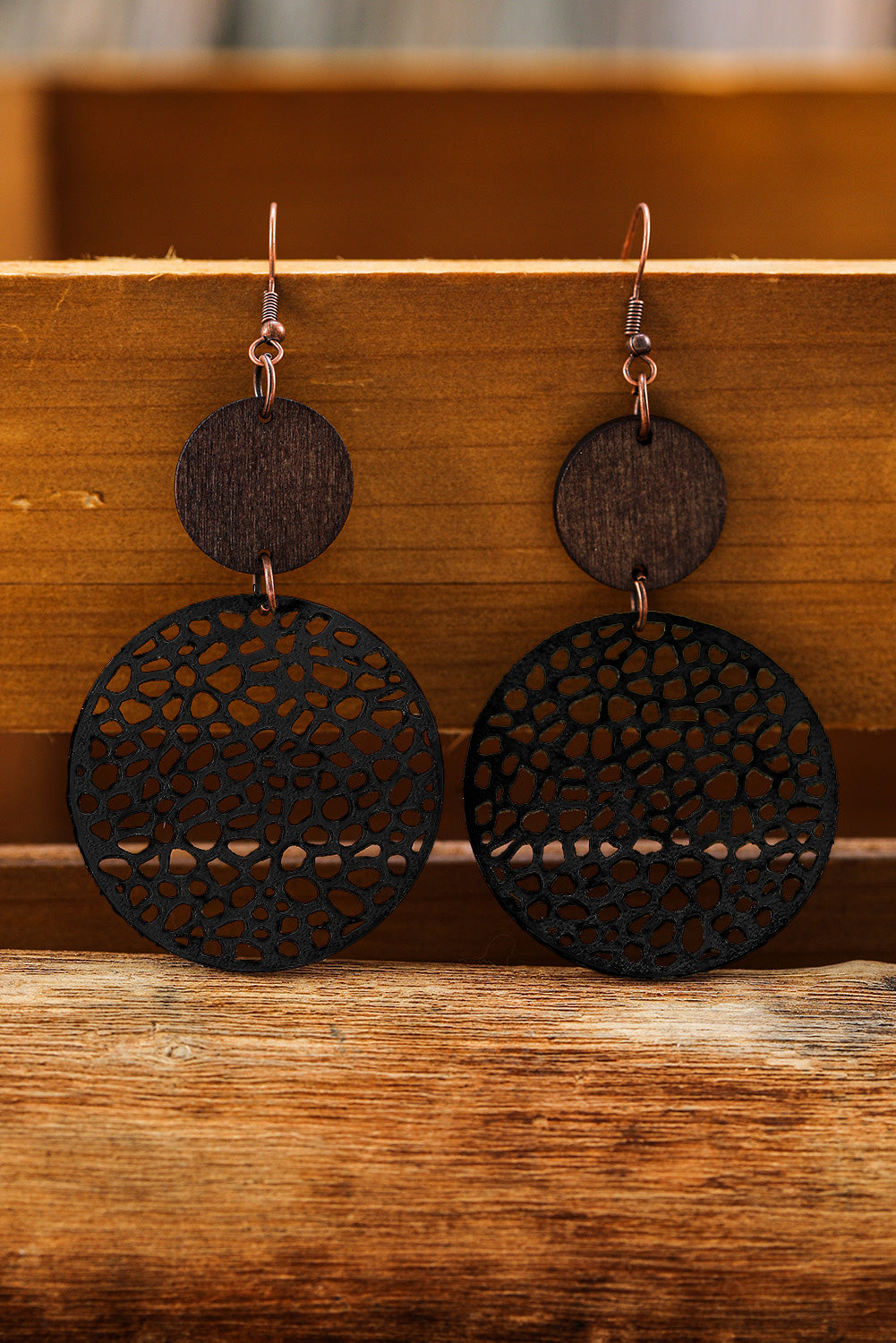 Khaki Hollow Out Wooden Chip Round Drop Earrings