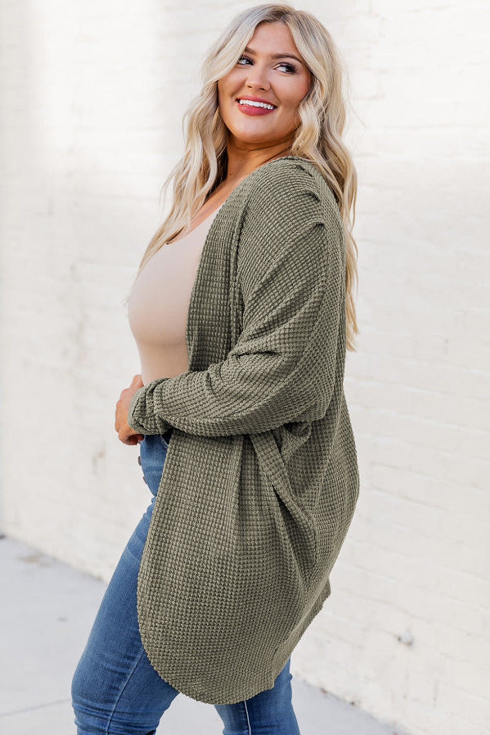 Seagrass Waffle Knit Drop Shoulder Open Front Pocket Plus Size Cardigan