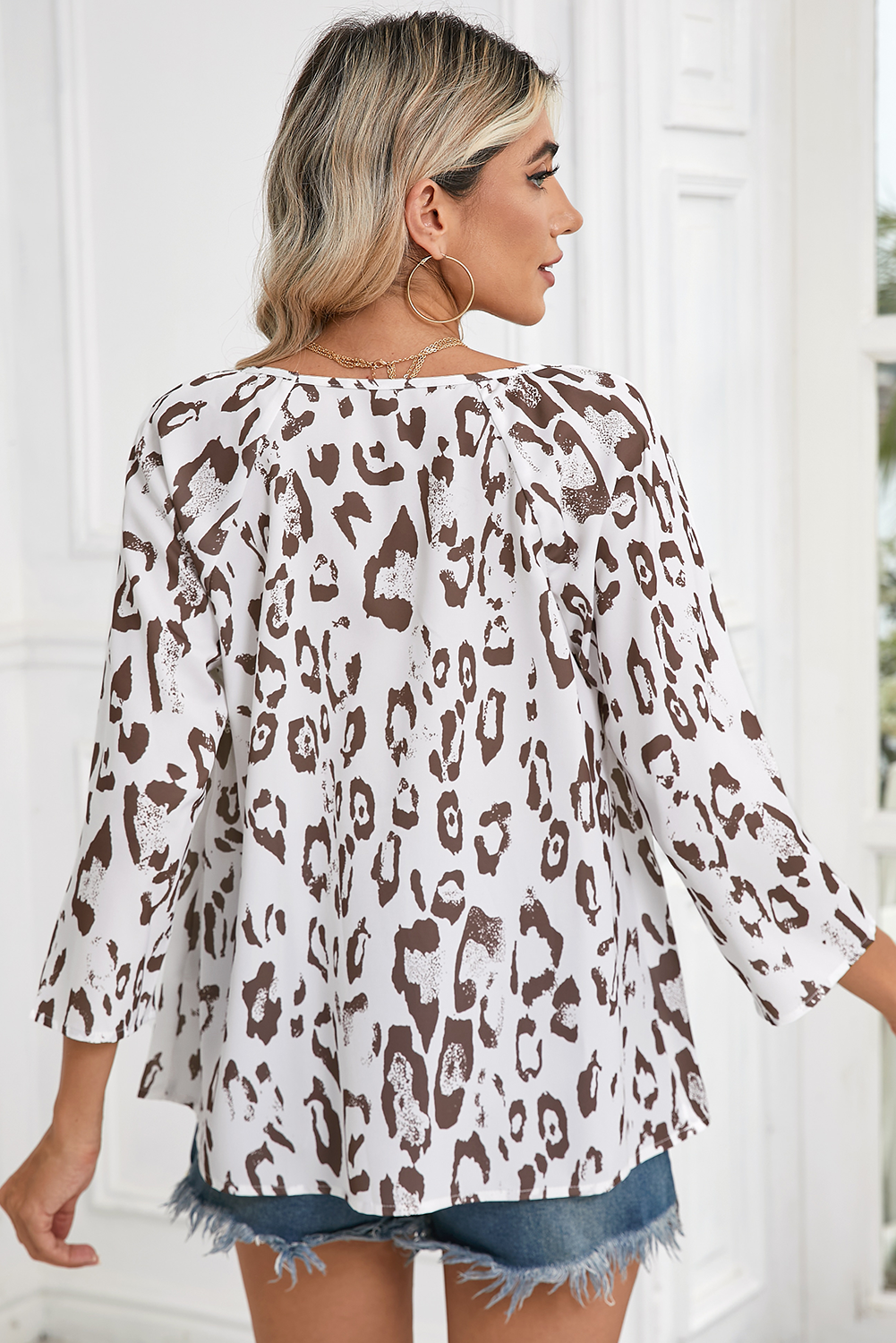 Khaki Leopard Print V Neck 3/4 Sleeve Blouse