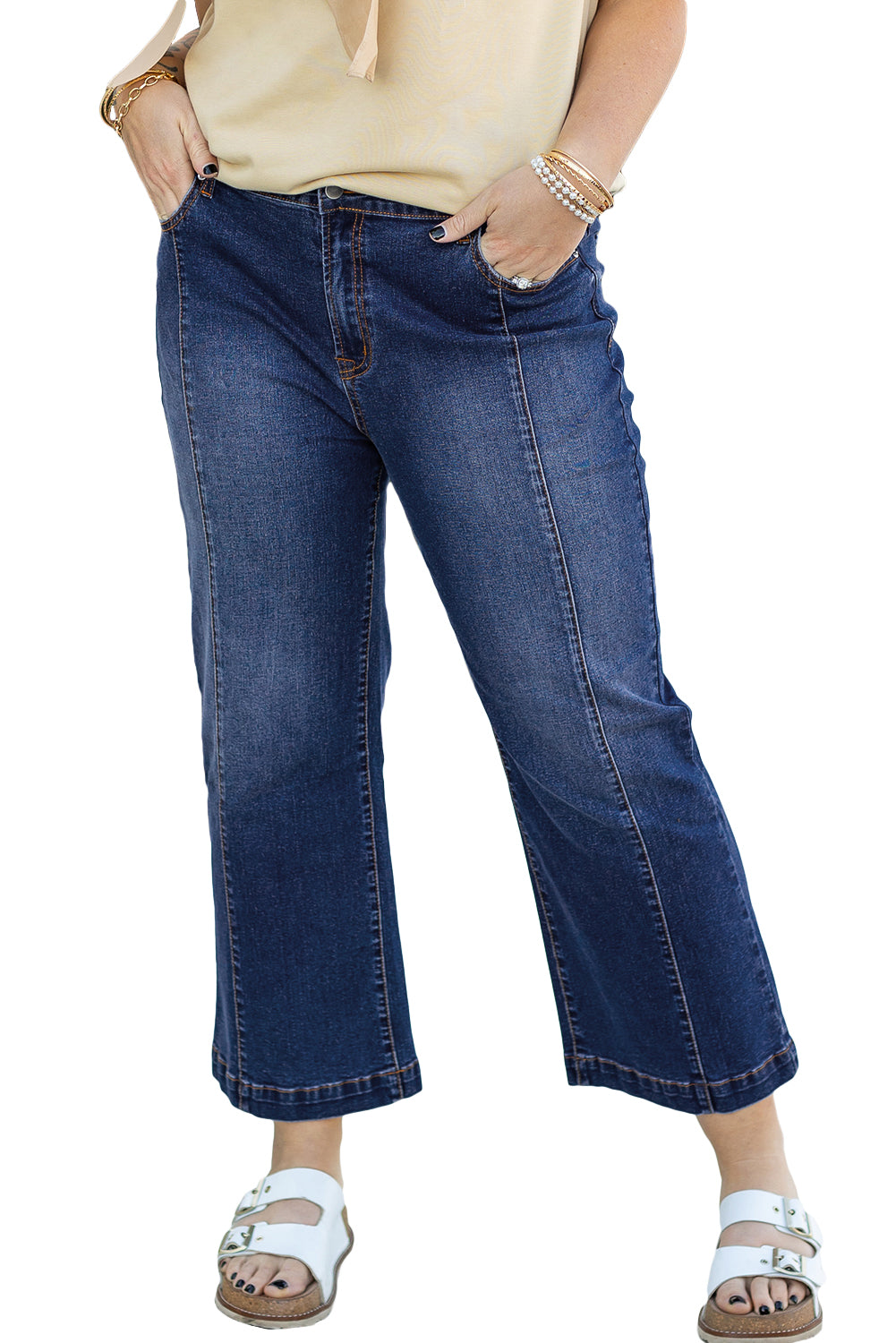 Navy Blue Plus Size Seamed Wide Leg High Waist Jeans