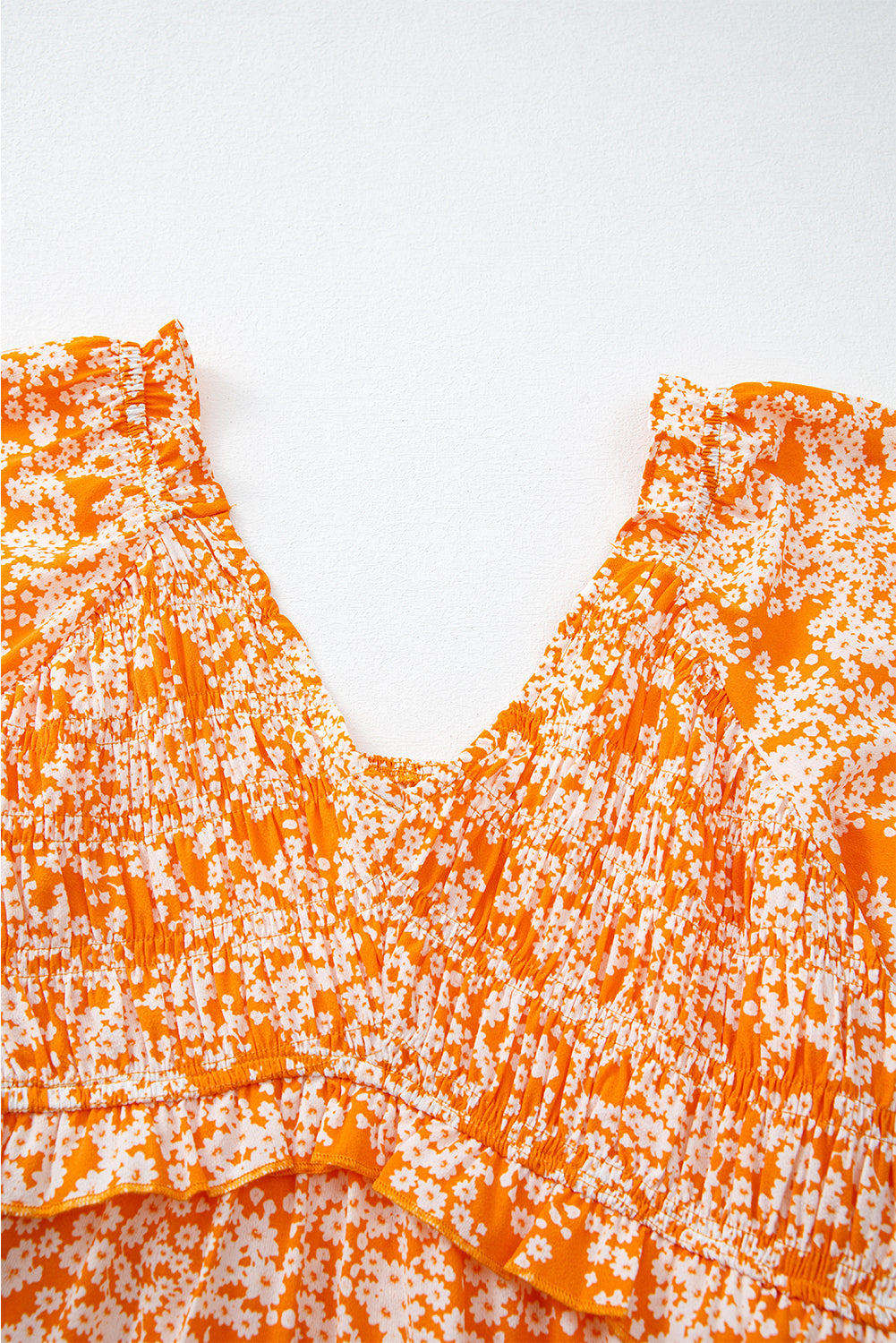 Orange Floral Print Smocked V Neck Bell Sleeve Maxi Dress