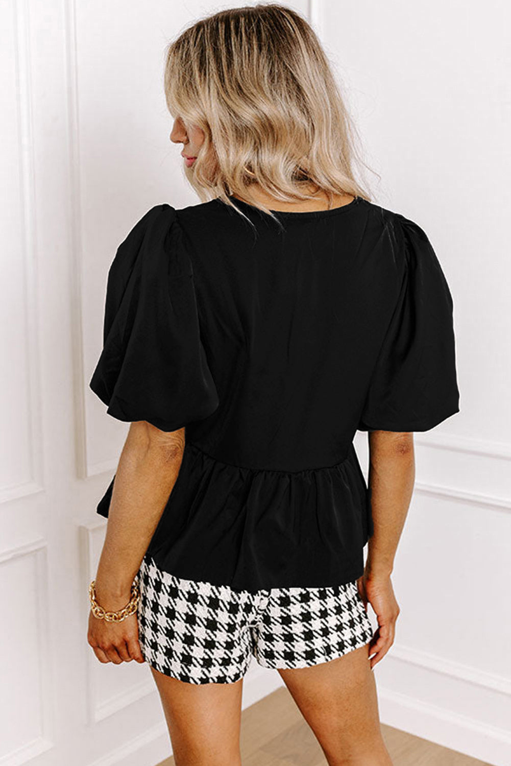 Black Puff Sleeve Bowknot Front Peplum Blouse