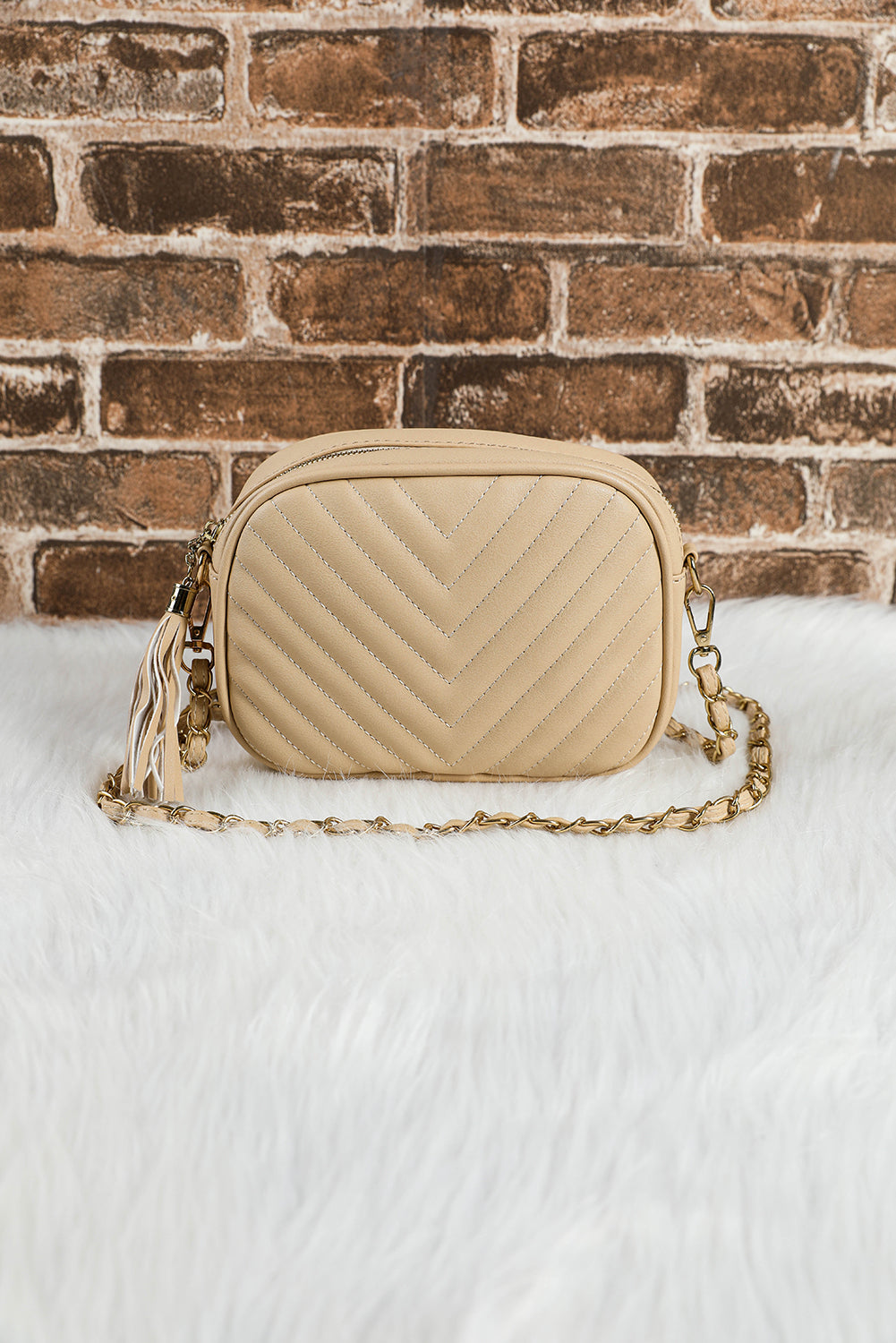 Oatmeal Chevron Stitch PU Leather Chain Strap Shoulder Bag