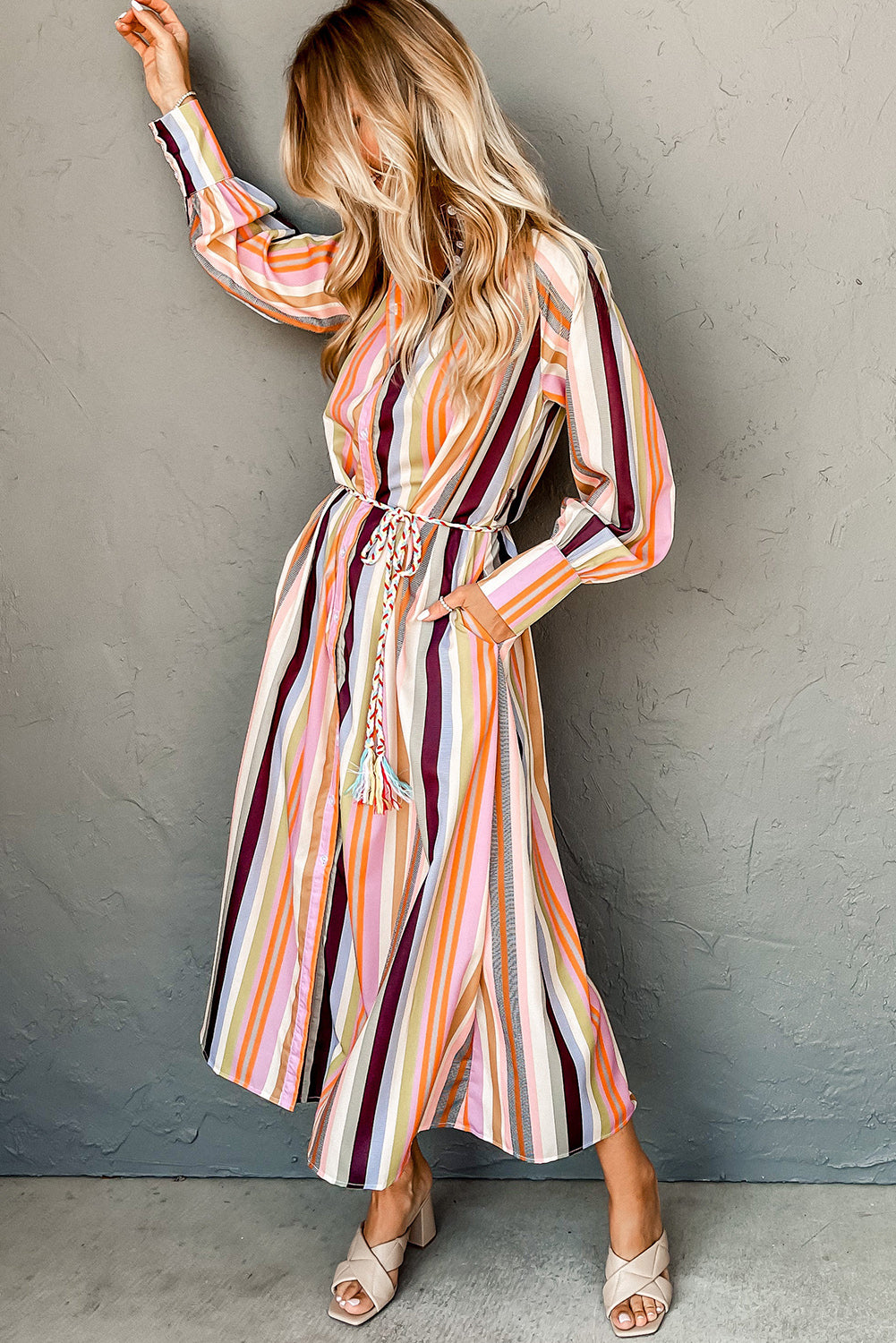 White Colorful Striped Cuffed Sleeve Tassel Tie Maxi Dress