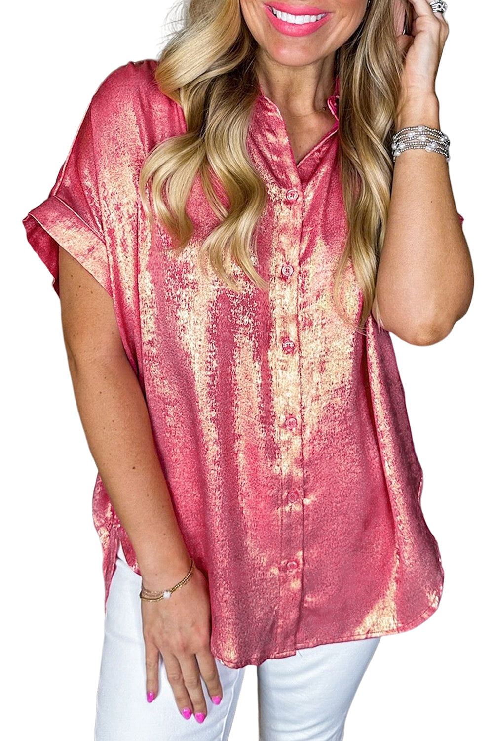 Rose Red Metallic Sheen Short Sleeve Buttoned Front Shirt