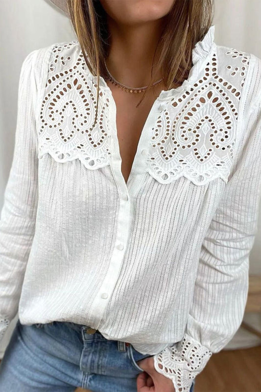 White Eyelet Lace Patchwork Textured Blouse