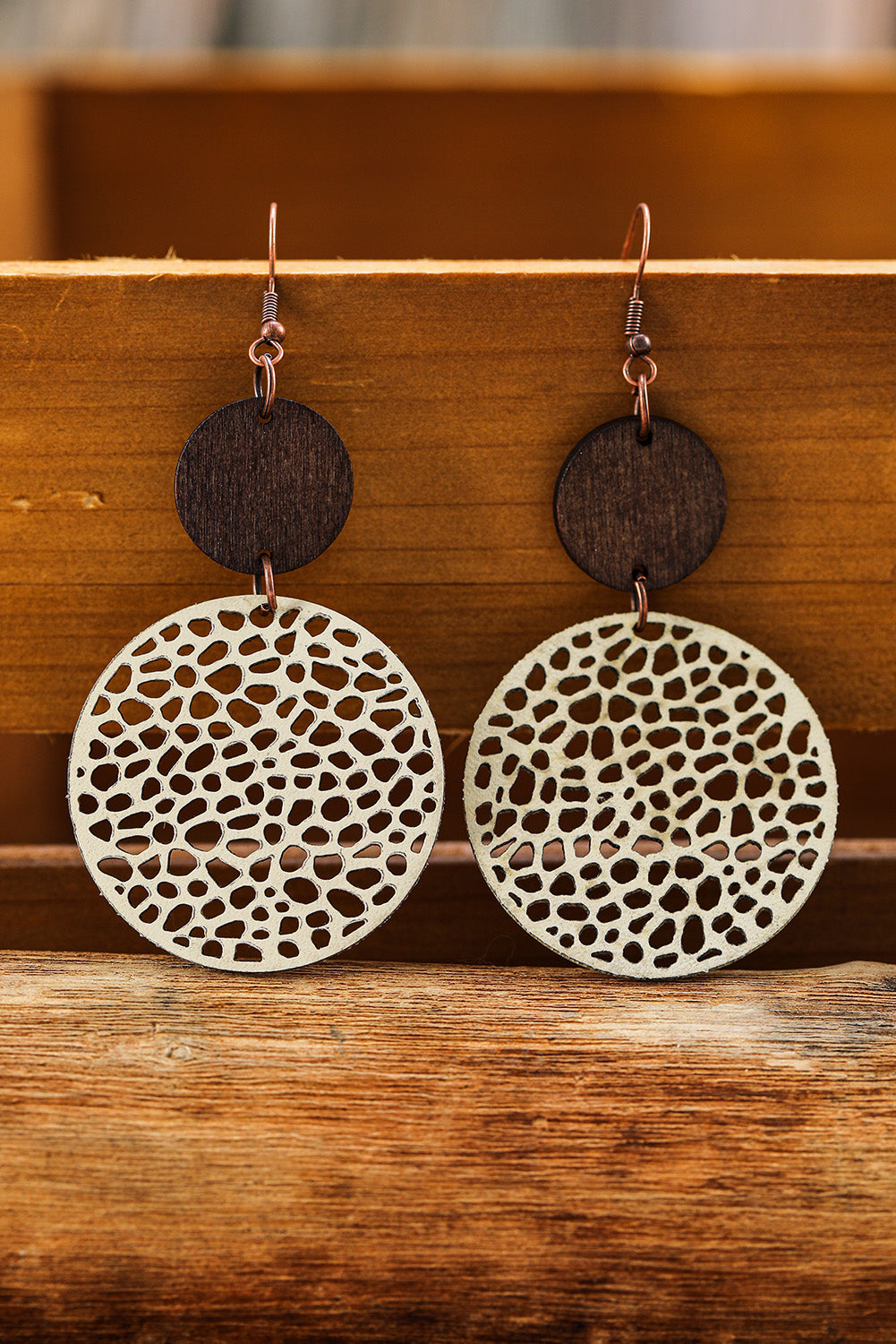 Khaki Hollow Out Wooden Chip Round Drop Earrings