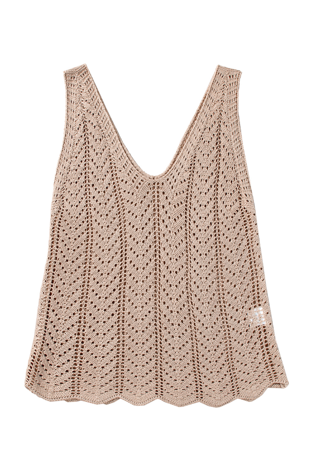 Pale Khaki Scalloped Hem V Neck Crochet Knit Tank Top