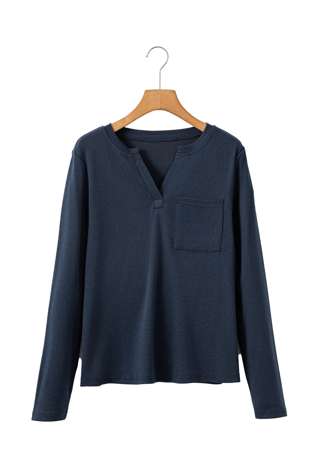 Dirty Blue Pocketed Notch V Neck Plain Top