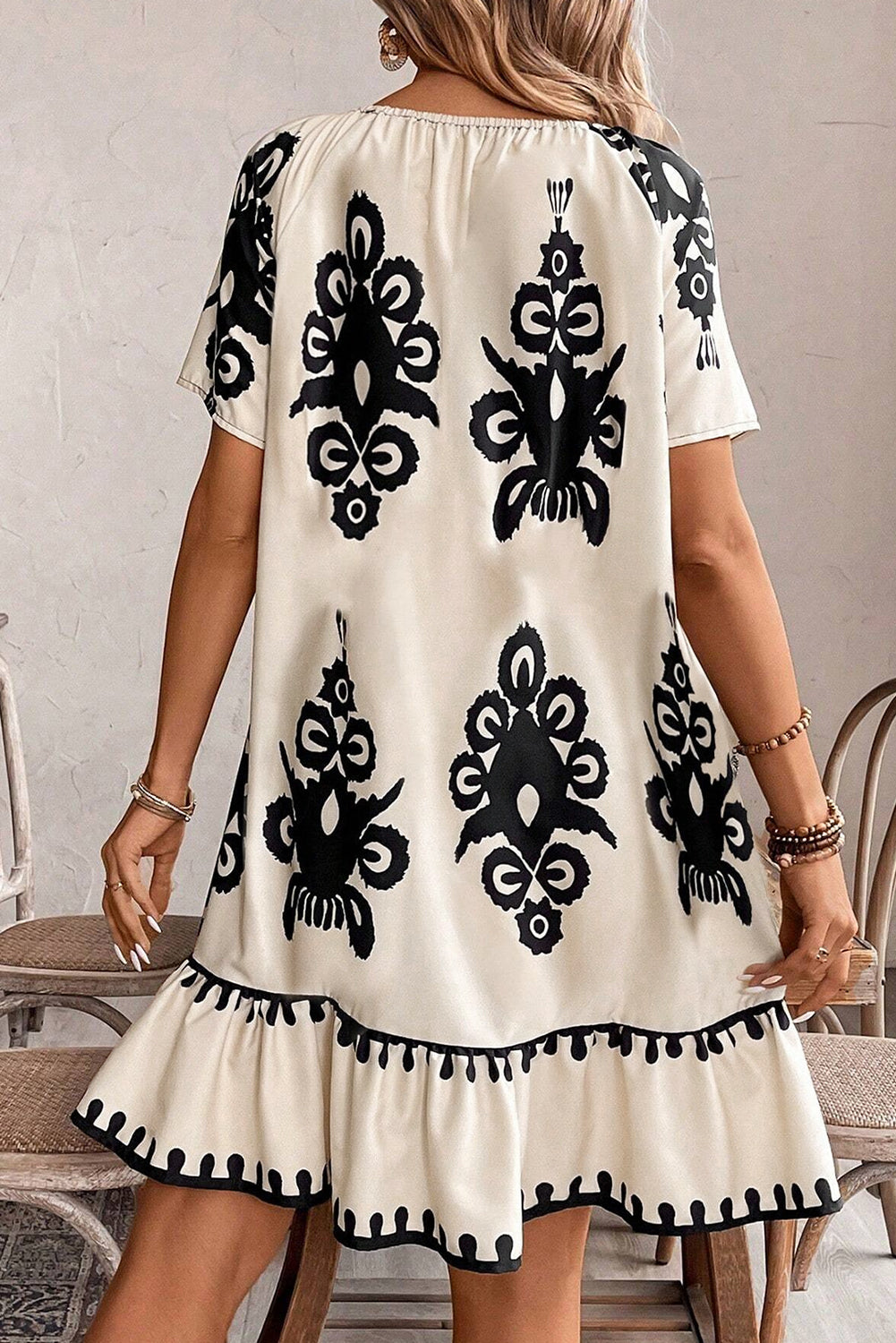 Apricot Ethnic Print Ruffle Hem Loose Mini Dress