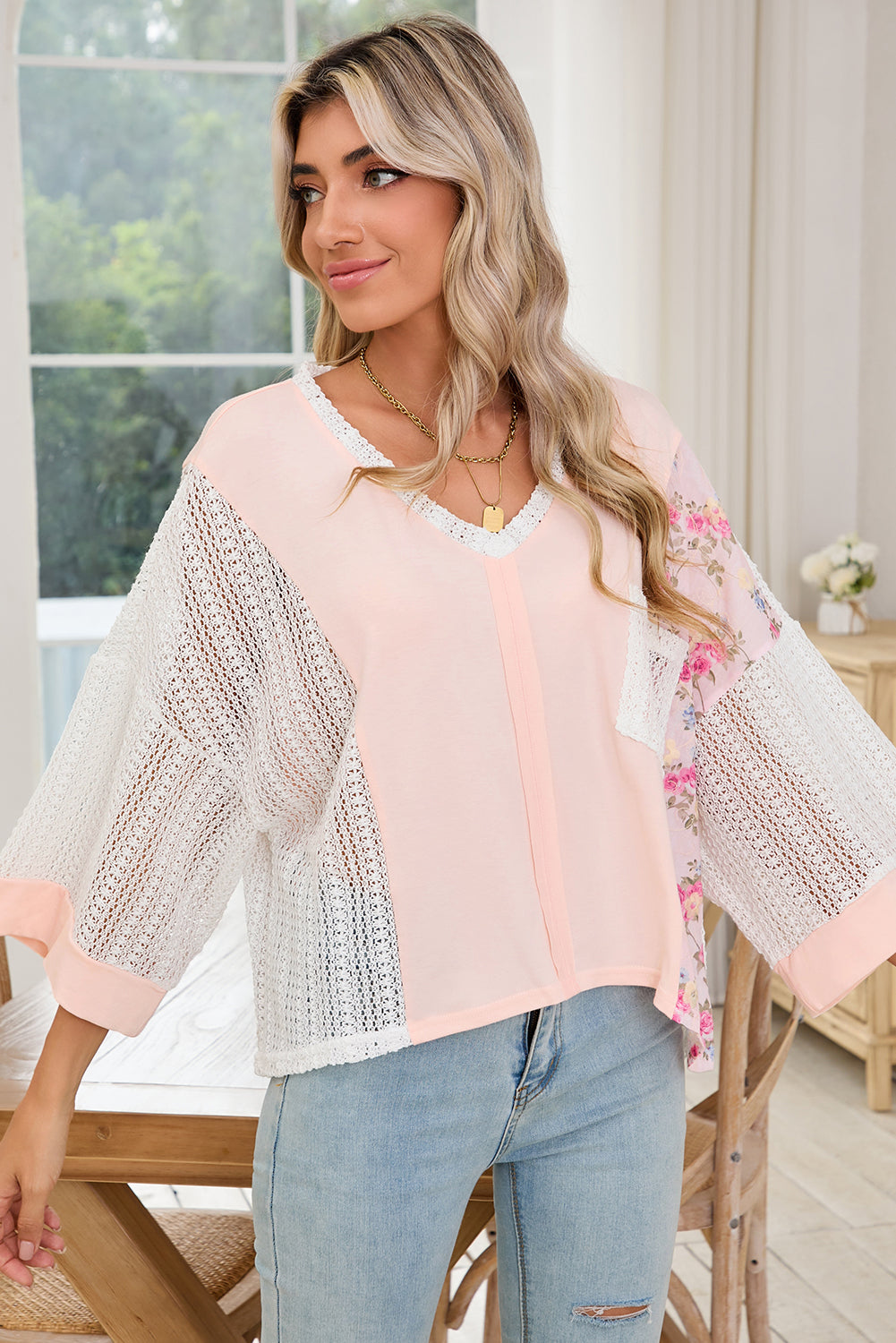 Delicacy Floral Crochet Patchwork Batwing Sleeve Blouse