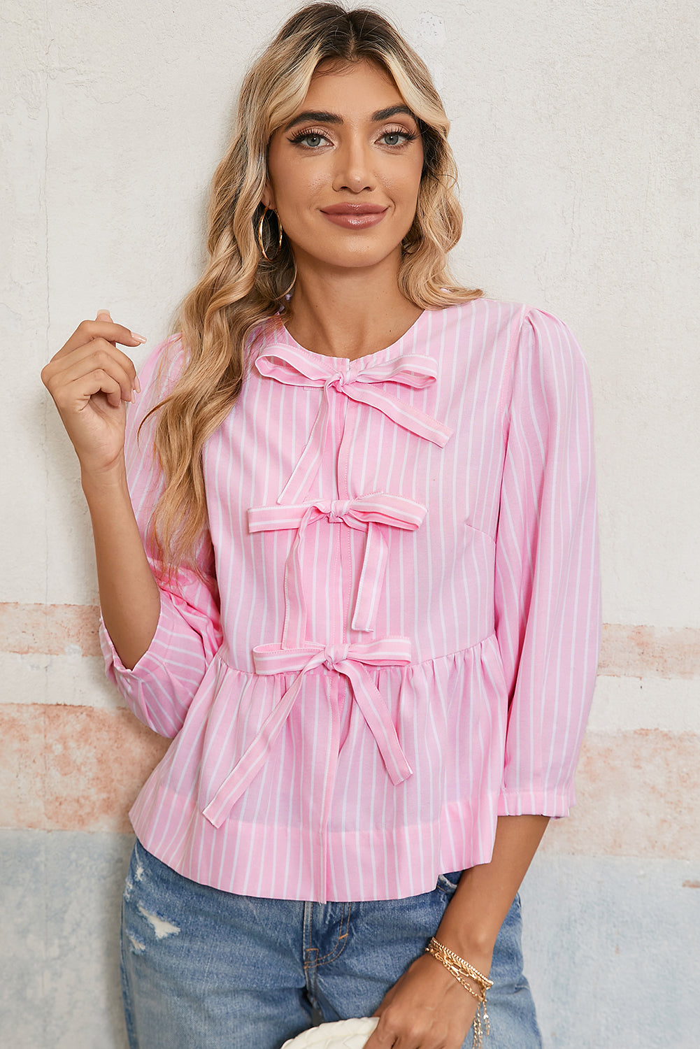 Pink Striped Print Sweet Bow Tie Blouse