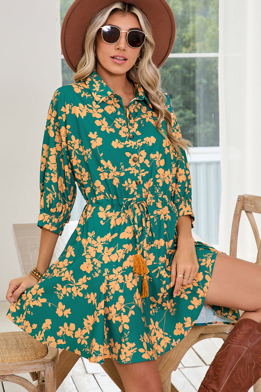 Green Floral Print Drawstring Flowy Short Dress