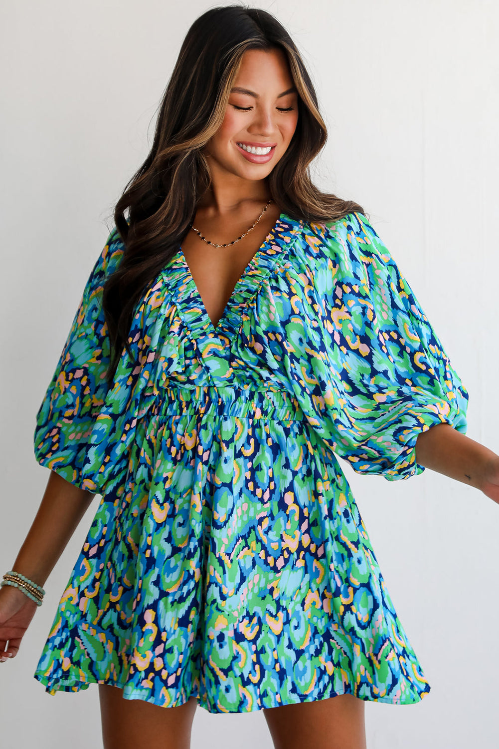 Green Abstract Print Batwing Sleeve V Neck High Waist Romper