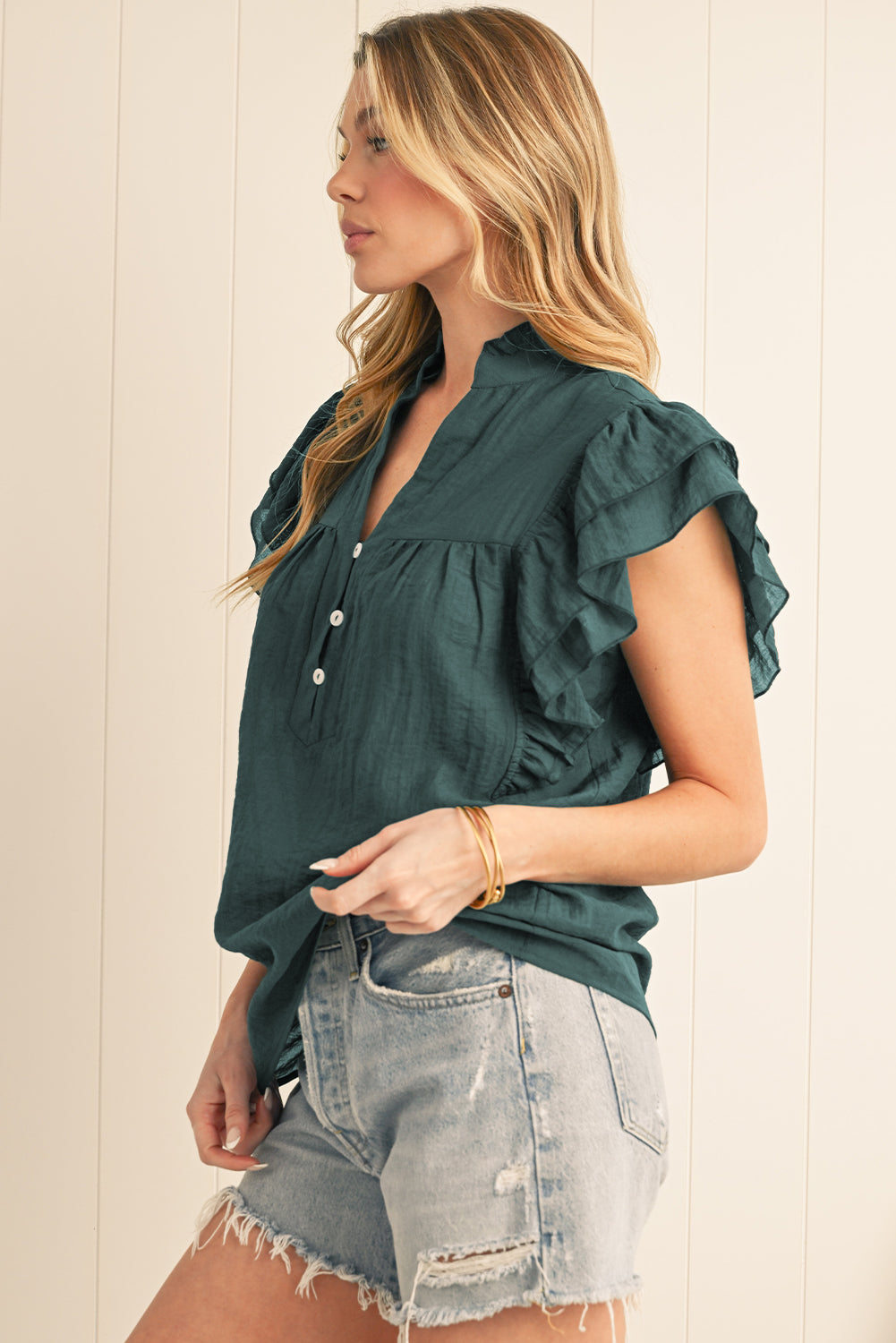 Skobeloff Buttoned V Neck Ruffle Short Sleeve Blouse