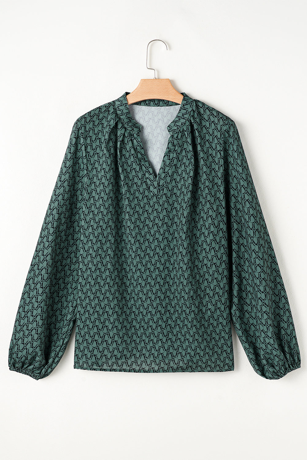 Green Geometric Print Notched Neck Long Sleeve Blouse