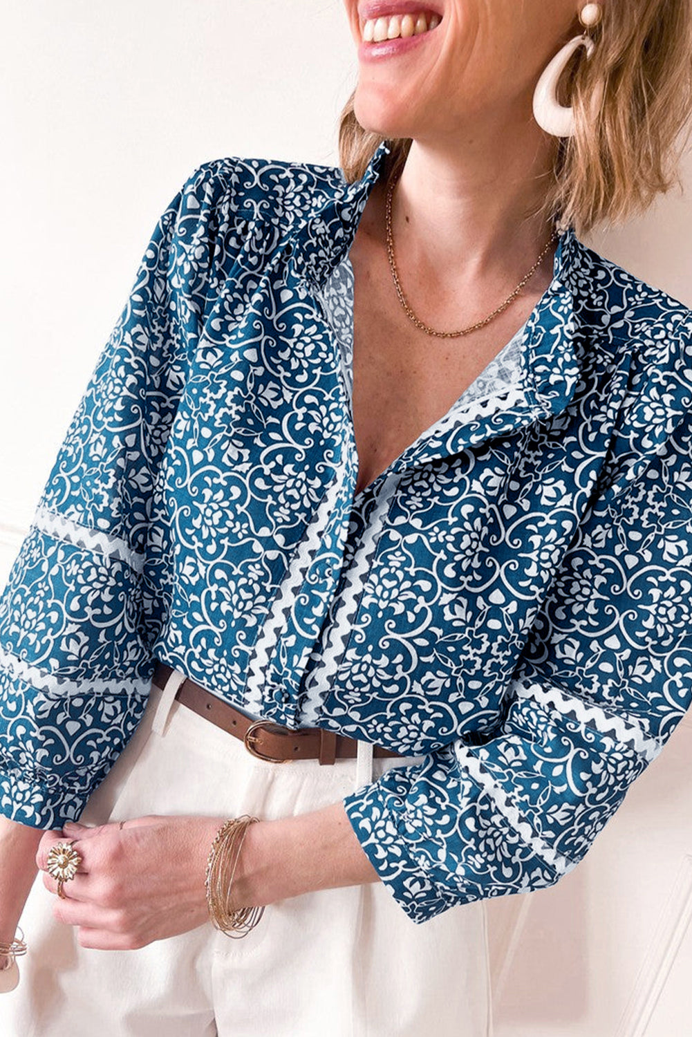 Blue Floral Ric Rac Button Loose Fit Shirt