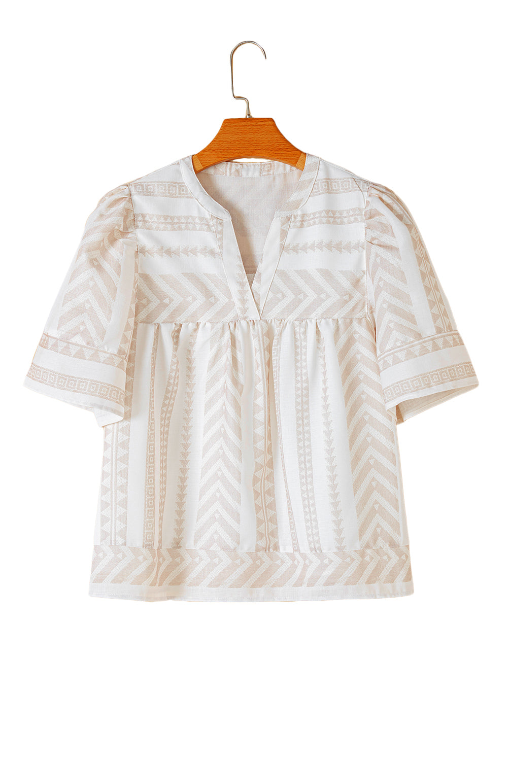 Jet Stream Geometric Jacquard Split V Neck Short Sleeve Blouse