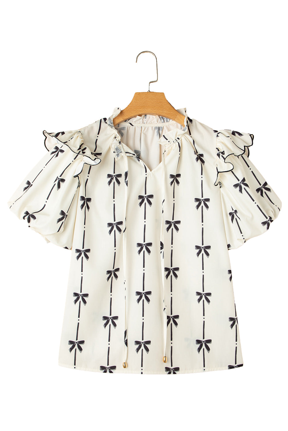 Beige Bow Print Ruffle Bubble Sleeve Tie Notched Neck Blouse