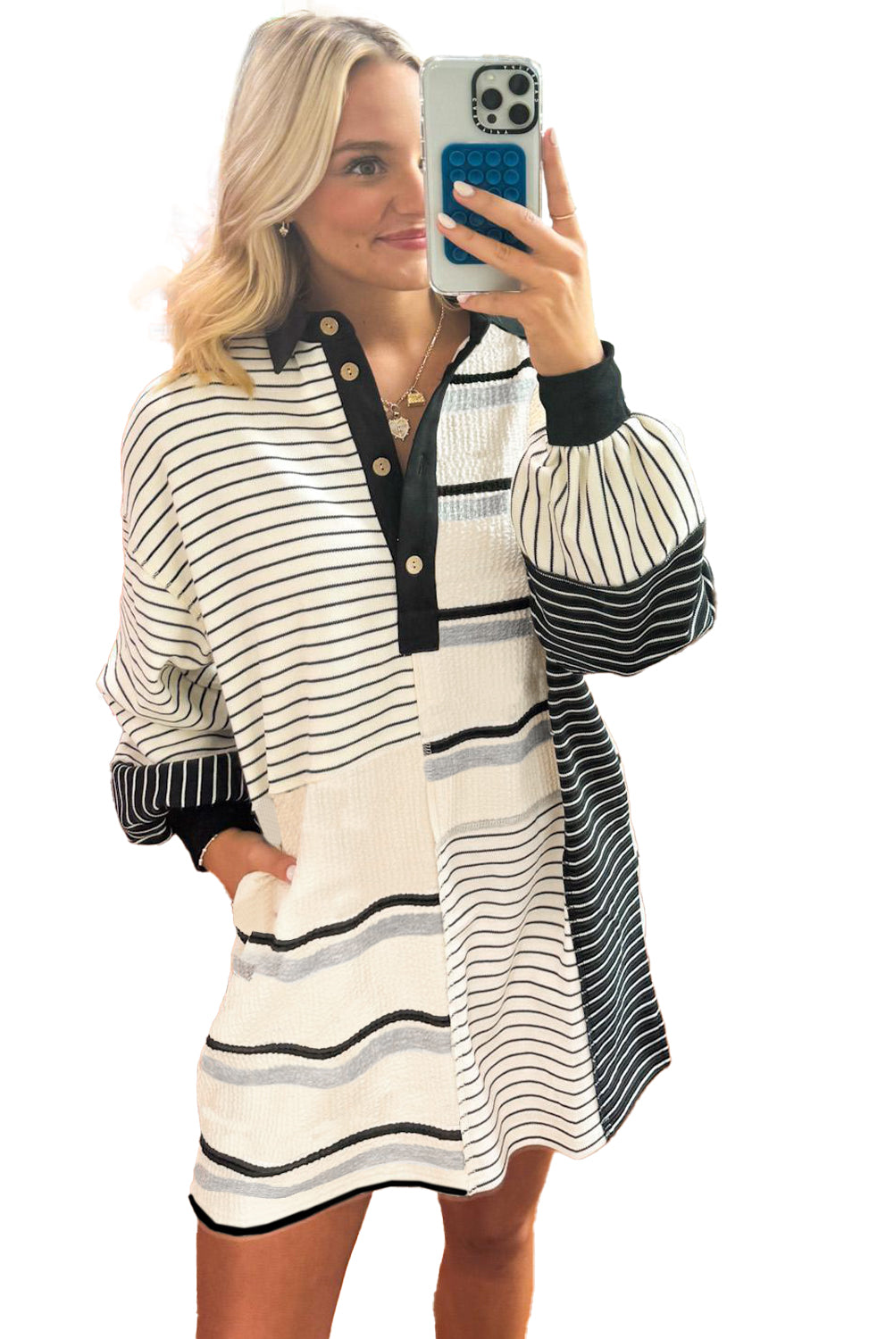 Black Stripe Colorblock Long Sleeve Collar Half Buttons Mini Dress