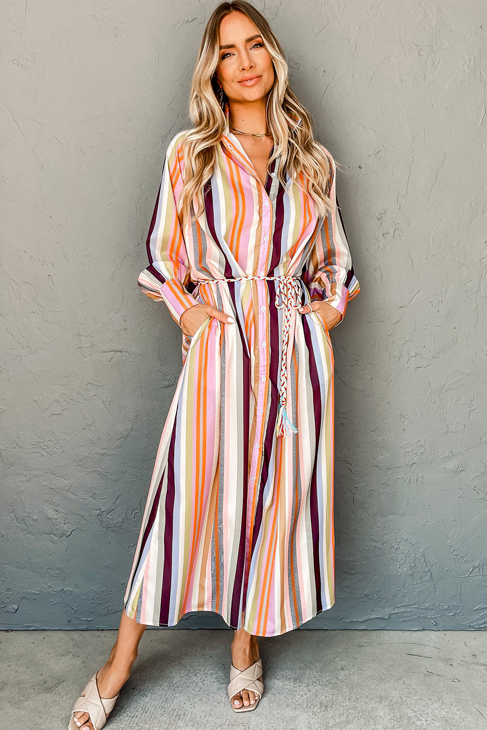 White Colorful Striped Cuffed Sleeve Tassel Tie Maxi Dress