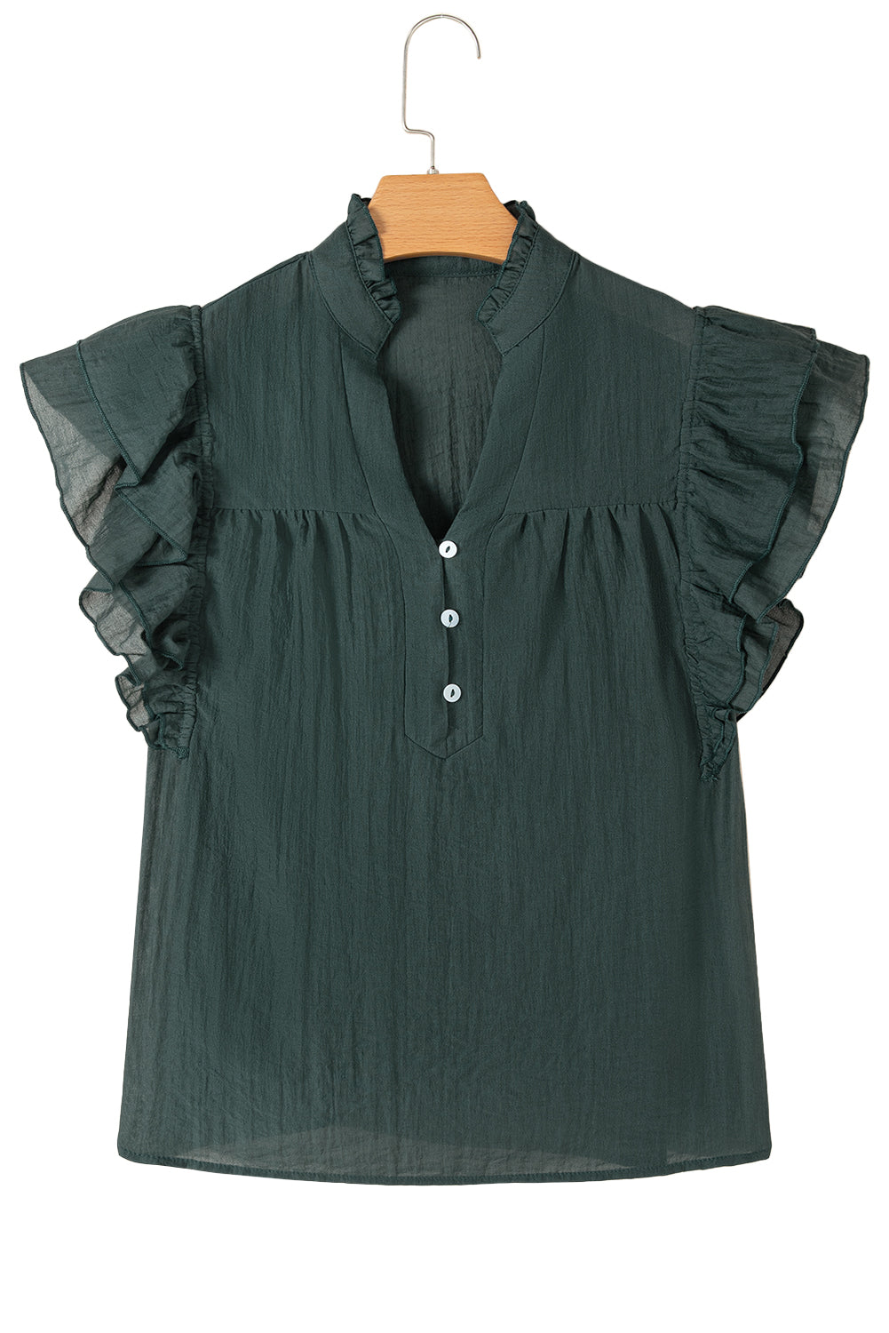 Skobeloff Buttoned V Neck Ruffle Short Sleeve Blouse