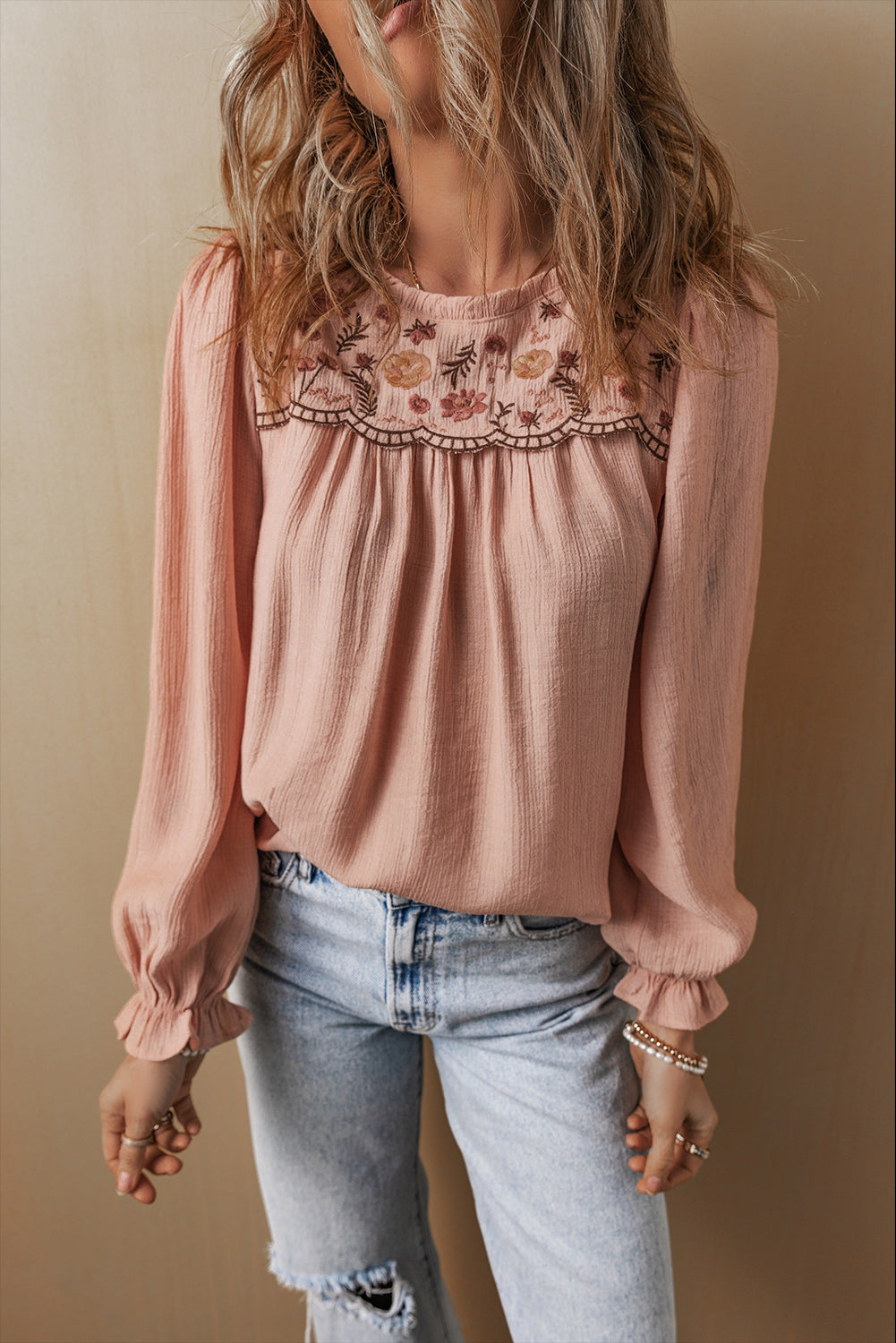 Gossamer Pink Floral Embroidered Crinkle Blouse