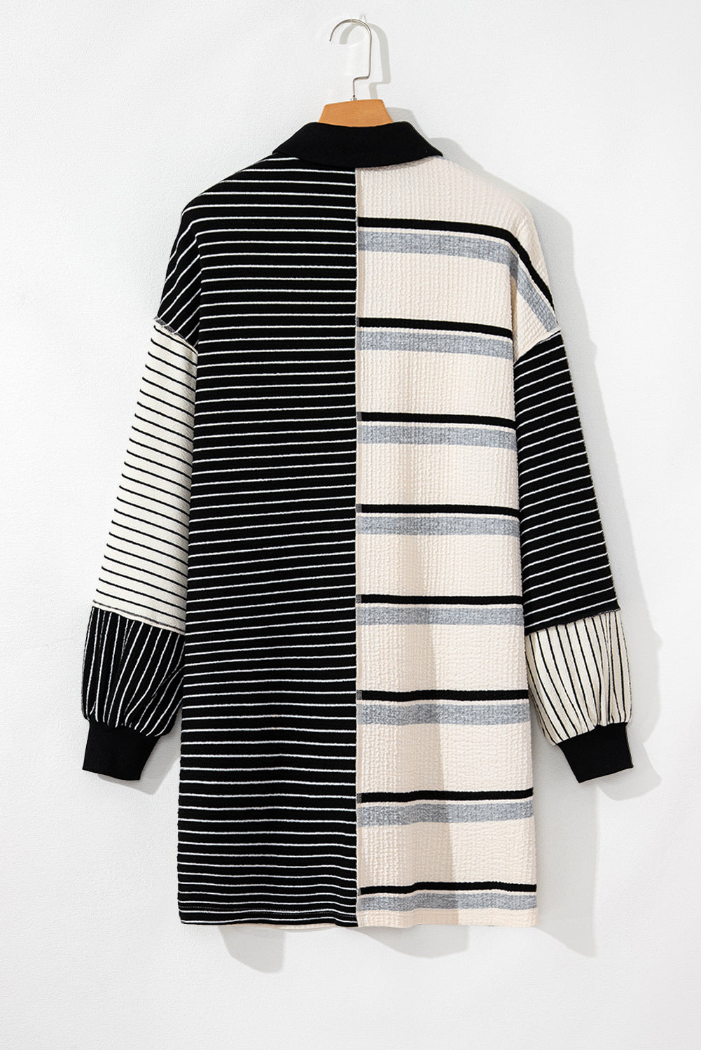 Black Stripe Colorblock Long Sleeve Collar Half Buttons Mini Dress